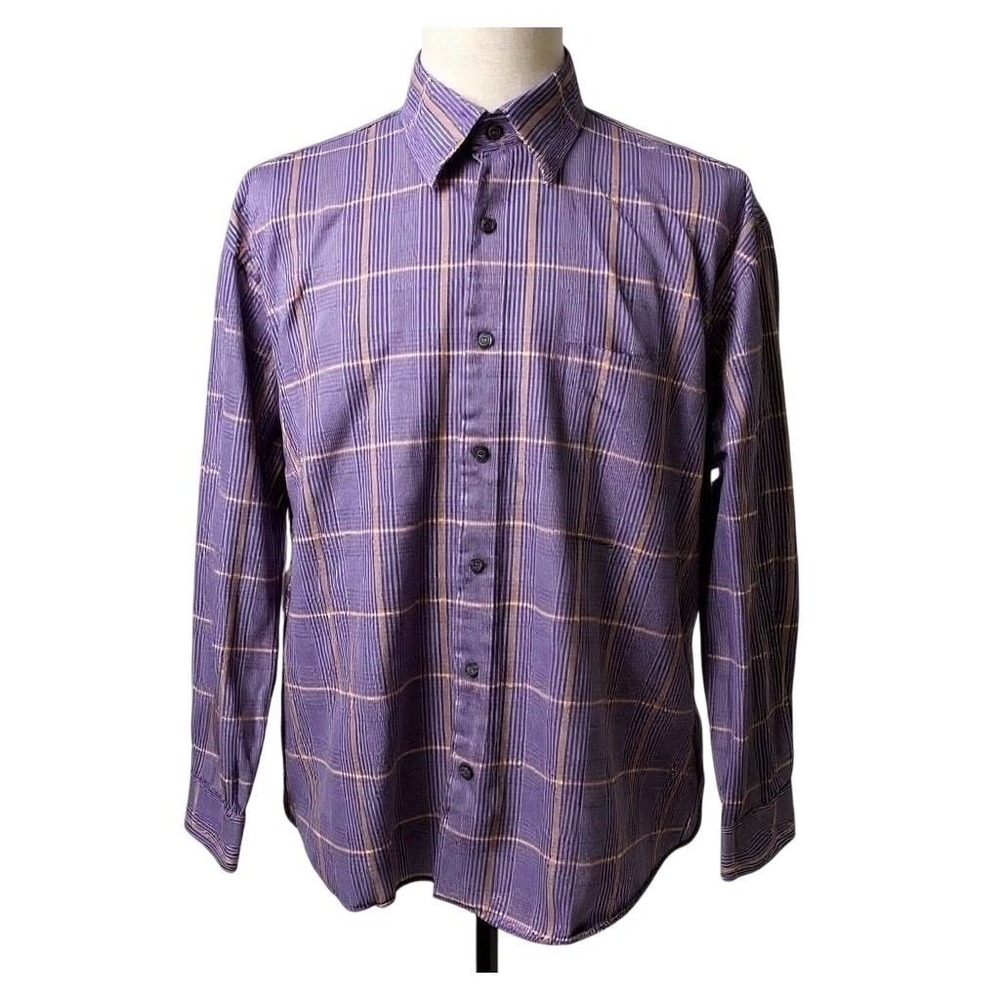 Alan Flusser Mens XL Purple Plaid Long Sleeve Cotton Button Up Dress Shirt - CJ